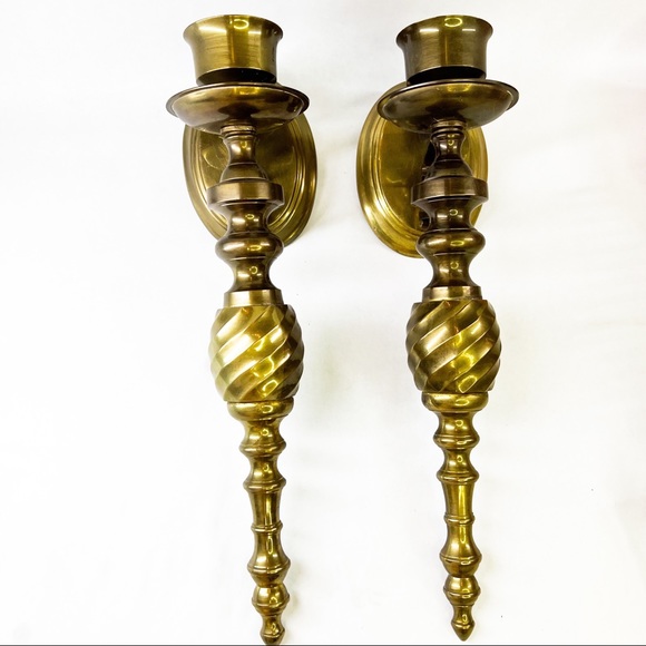 Mid-Century Brass Wall Candle Holder Scones Pair